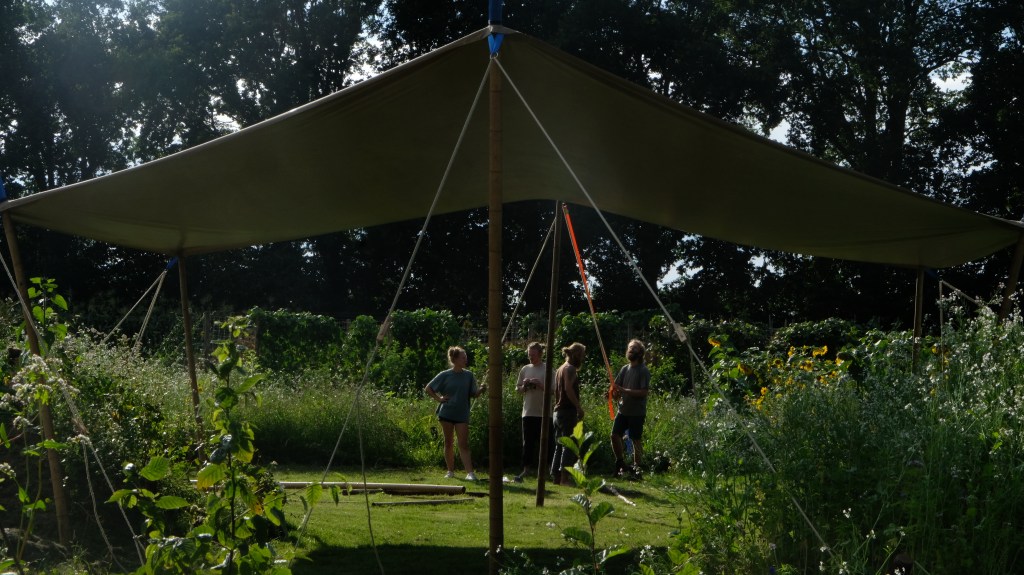 Kijkend tussen de bloemen door zie je een groep mensen een grote tent opzetten op De Tovertuin. Hier bouwen deze mensen samen aan een mooie toekomst